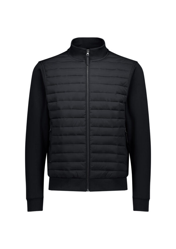 Black zip-front puffer jacket with quilted front and solid sleeves, standing collar visible from the front