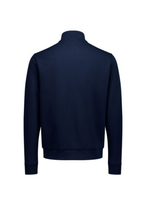 Back view of a navy blue bomber jacket with a stand collar, ribbed cuffs and hem.