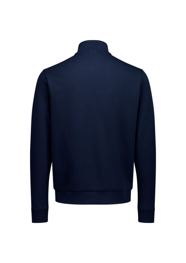 Back view of a navy blue bomber jacket with a stand collar, ribbed cuffs and hem.