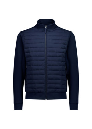 Navy blue quilted jacket with a front zip and stand collar, ribbed cuffs, and zip pockets on the sides.