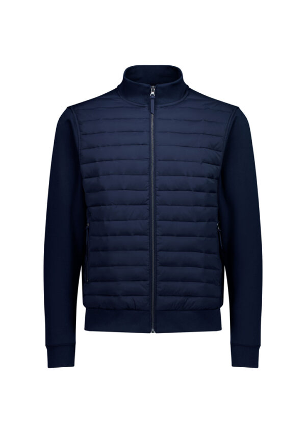Navy blue quilted jacket with a front zip and stand collar, ribbed cuffs, and zip pockets on the sides.