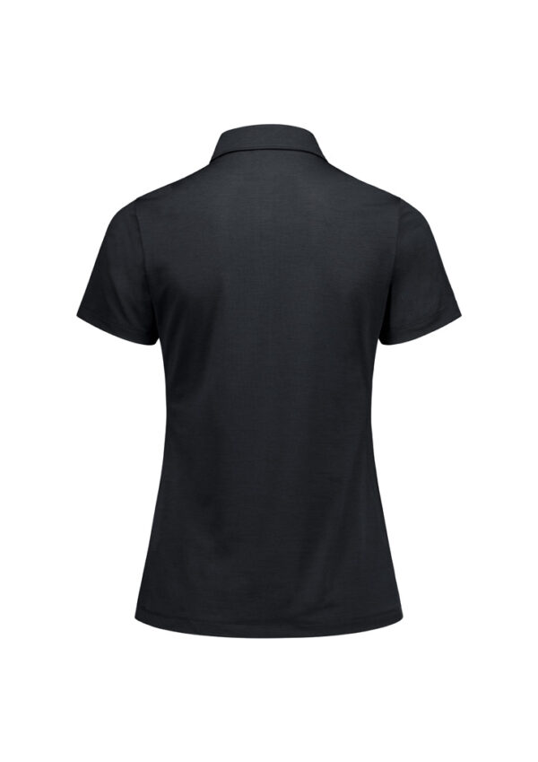 Back view of a black polo shirt with short sleeves and a classic collar on a white background.