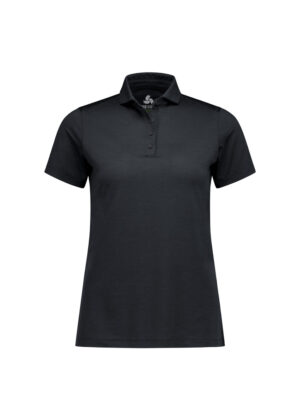 Black short-sleeve polo shirt with a collar and three-button placket on a white background