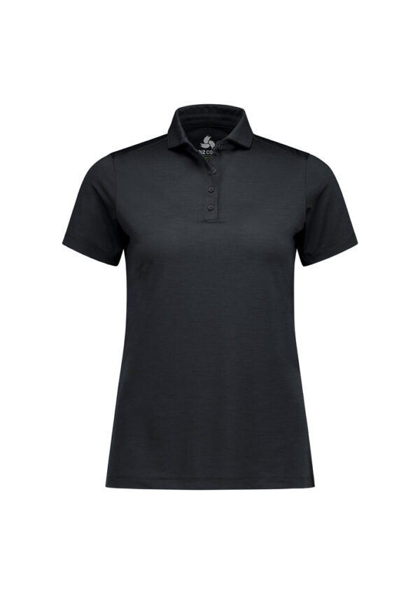 Black short-sleeve polo shirt with a collar and three-button placket on a white background