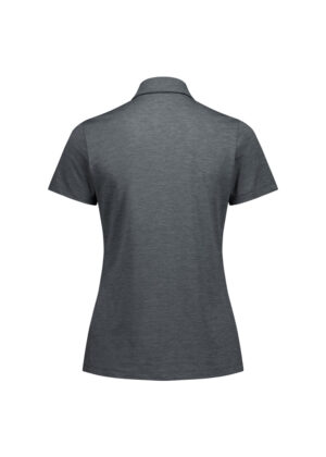 Gray short-sleeve polo shirt viewed from the back, displaying a ribbed collar.