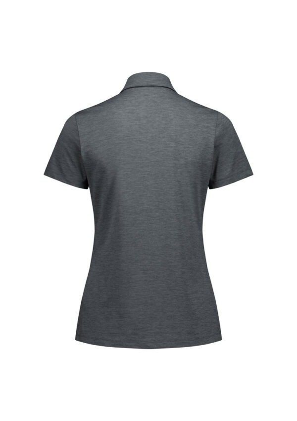 Gray short-sleeve polo shirt viewed from the back, displaying a ribbed collar.