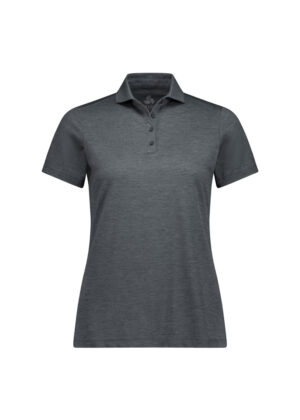 Grey polo shirt with short sleeves, collar, and a three-button placket on a white background.