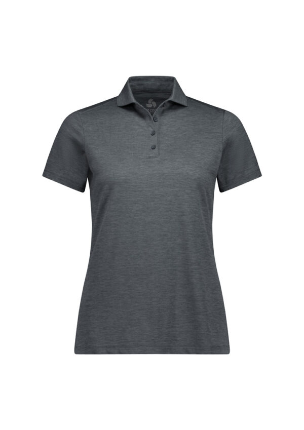 Grey polo shirt with short sleeves, collar, and a three-button placket on a white background.