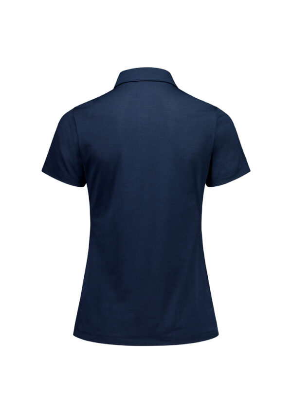 Back view of a navy polo shirt with short sleeves on a white background.