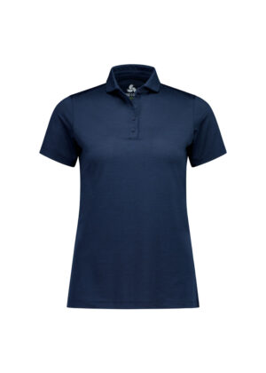 Navy blue polo shirt with short sleeves and a three-button placket on a plain background