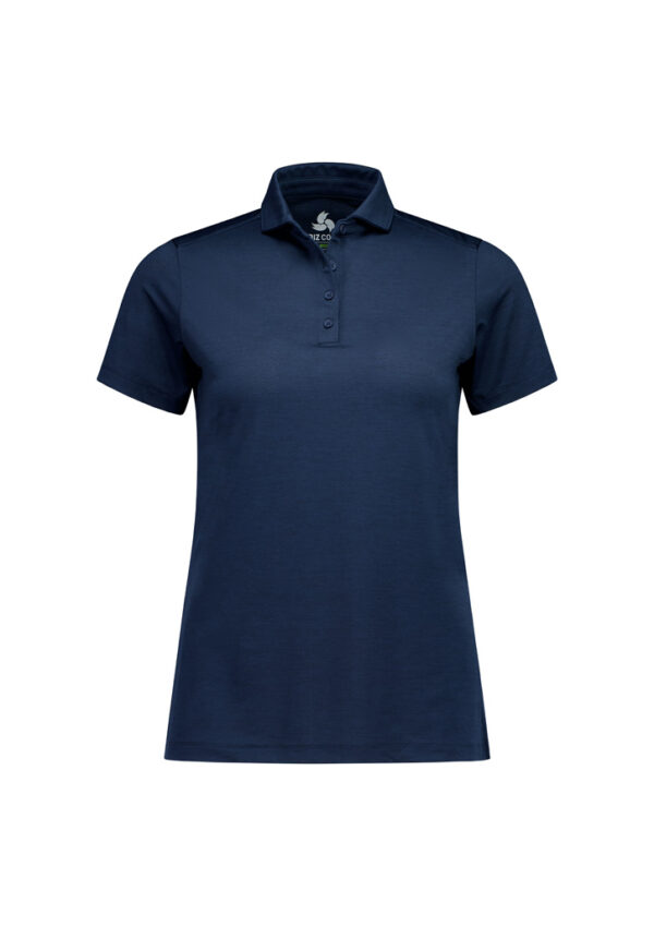 Navy blue polo shirt with short sleeves and a three-button placket on a plain background