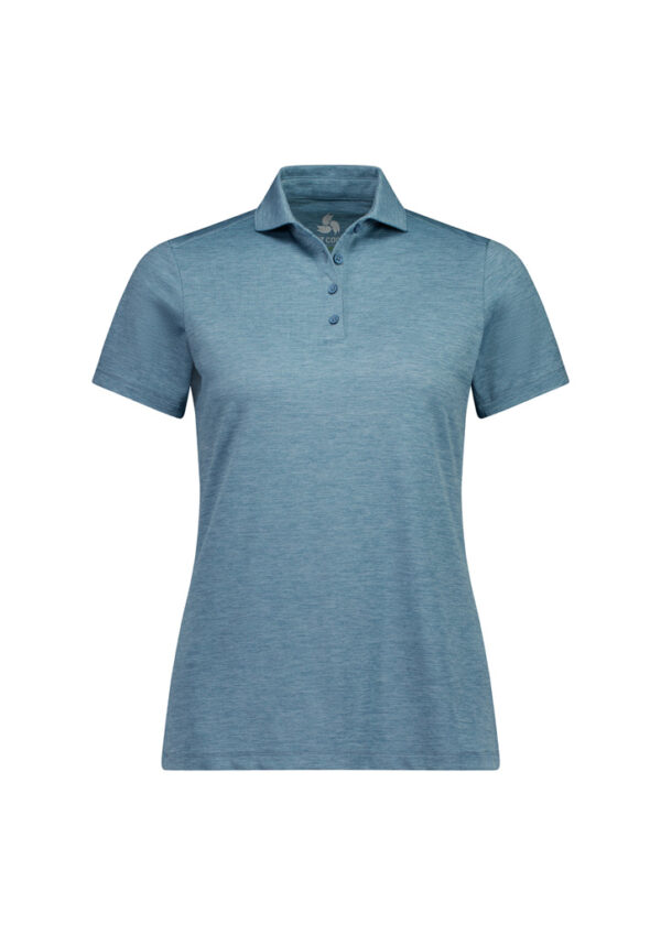 Blue polo shirt with a collar, short sleeves, and a three-button placket on a plain background.