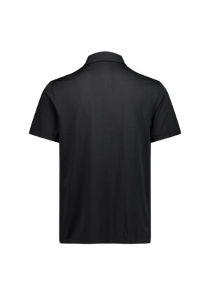 Back view of a plain black short-sleeve polo shirt on a white background?