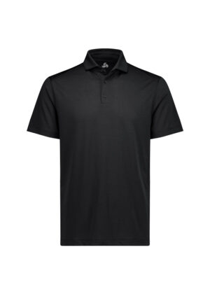 Black polo shirt with short sleeves, collar, and a three-button placket.