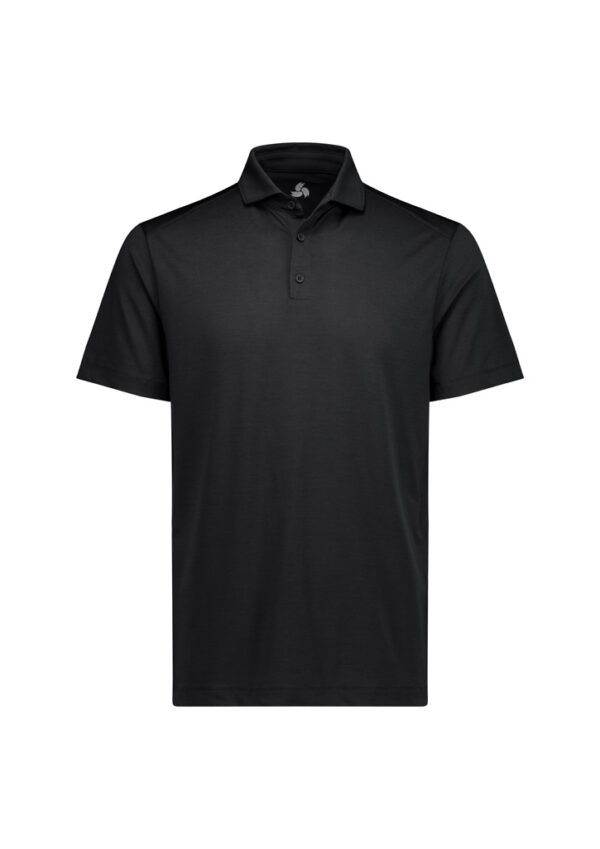 Black polo shirt with short sleeves, collar, and a three-button placket.