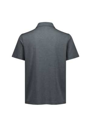 Back view of a gray polo shirt with short sleeves.