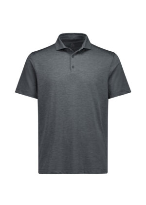 Gray polo shirt with short sleeves and a two-button placket, plain front, on white background for product cataloging.