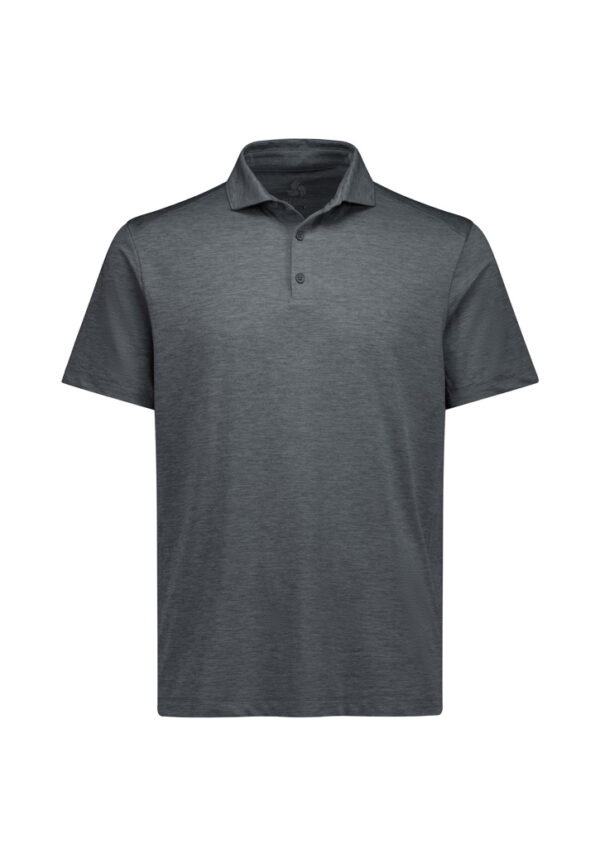 Gray polo shirt with short sleeves and a two-button placket, plain front, on white background for product cataloging.