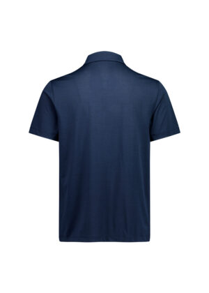 Back view of a navy blue polo shirt on a white background, short sleeves and collar visible.