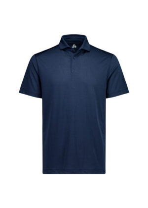 Navy blue polo shirt with collar and short sleeves on a white background.