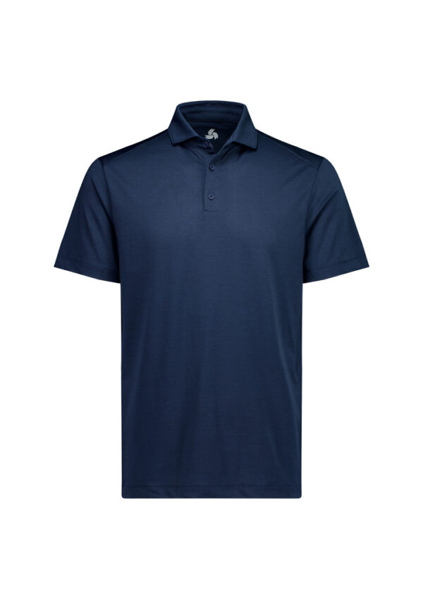 Navy blue polo shirt with collar and short sleeves on a white background.