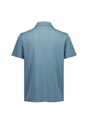 Back view of a light blue polo shirt on a white background.