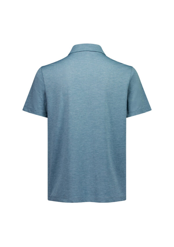 Back view of a light blue polo shirt on a white background.