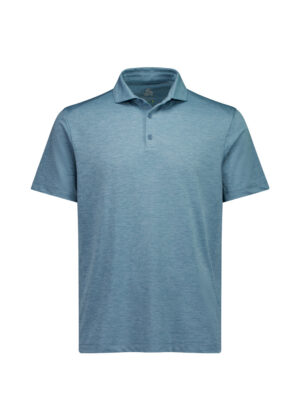 Blue polo shirt with short sleeves and a three-button placket appears on a plain white background.