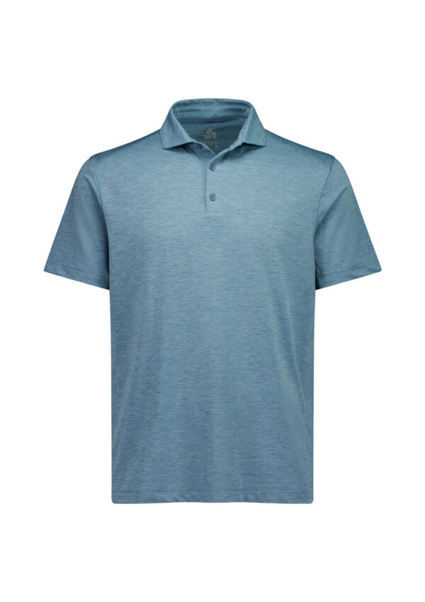 Blue polo shirt with short sleeves and a three-button placket appears on a plain white background.