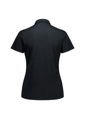 Back view of a black short-sleeve polo shirt with a collar, shown on a plain white background.