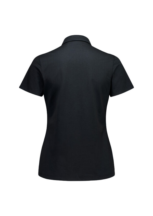 Back view of a black short-sleeve polo shirt with a collar, shown on a plain white background.