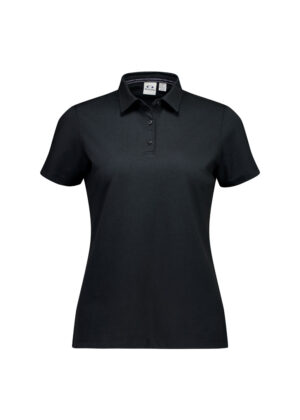 Black polo shirt with short sleeves and a three-button collar on a plain white background (informative).
