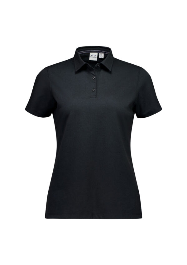 Black polo shirt with short sleeves and a three-button collar on a plain white background (informative).