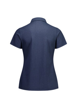 Back view of a navy blue short-sleeve polo shirt, plain fabric, no visible buttons or logos