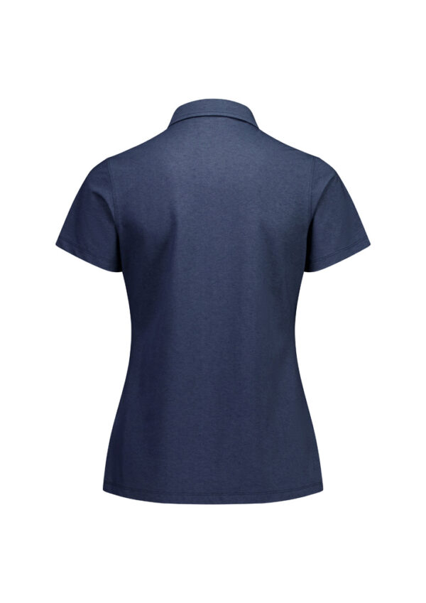 Back view of a navy blue short-sleeve polo shirt, plain fabric, no visible buttons or logos