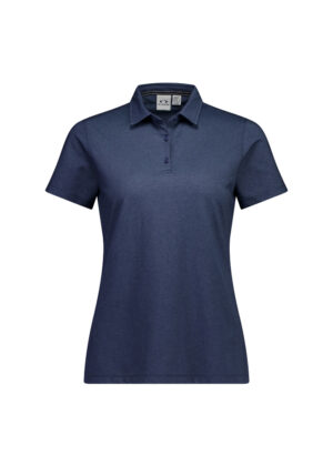 Navy blue short-sleeve polo shirt with a classic collar and two-button placket.