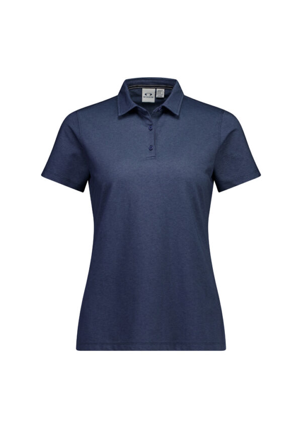Navy blue short-sleeve polo shirt with a classic collar and two-button placket.