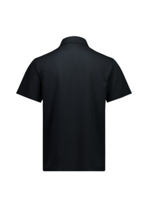 Black short-sleeve polo shirt viewed from the back, plain and collar visible.