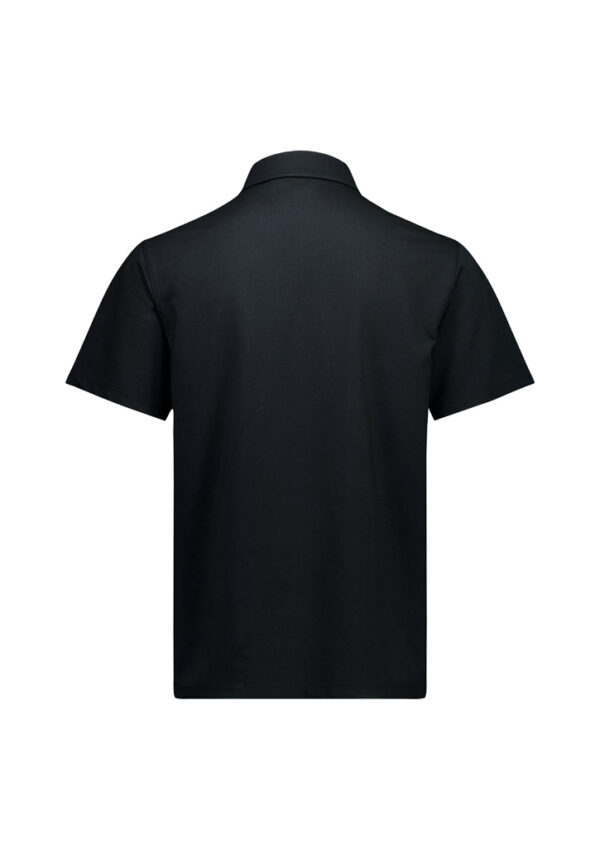 Black short-sleeve polo shirt viewed from the back, plain and collar visible.