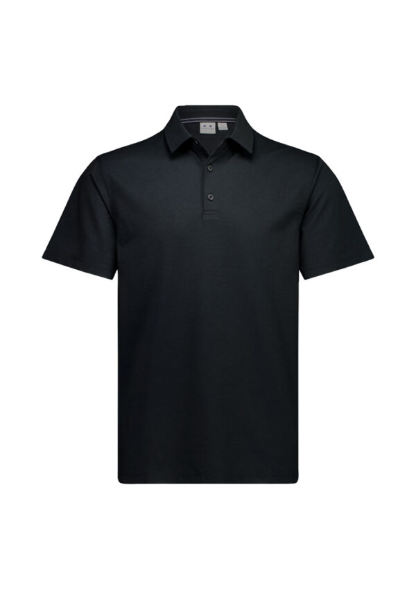 Black polo shirt with a short sleeve and button placket on a white background