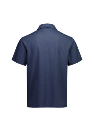 Back view of a navy blue short-sleeve polo shirt on a white background.