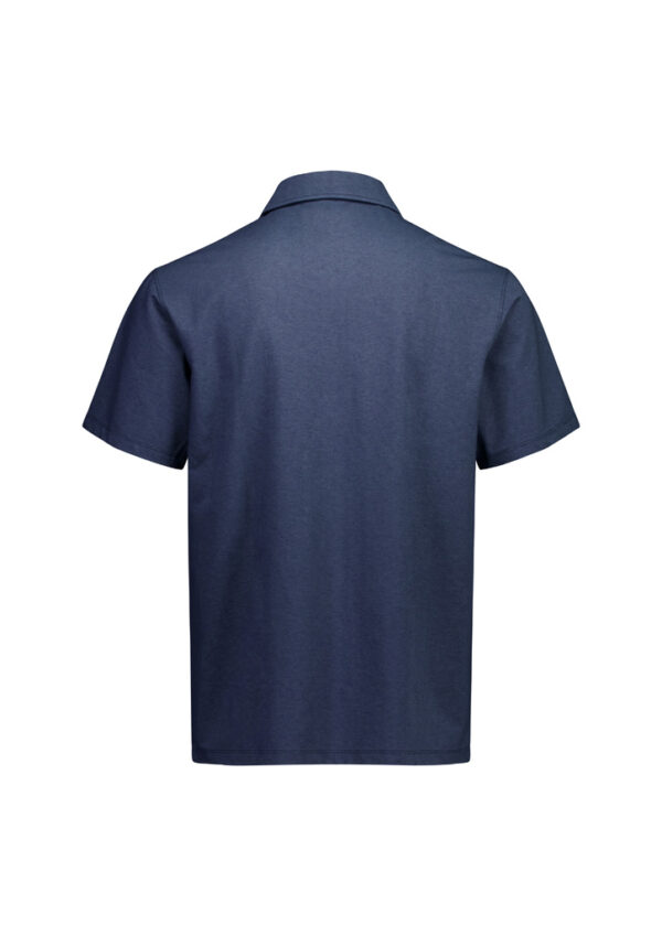 Back view of a navy blue short-sleeve polo shirt on a white background.