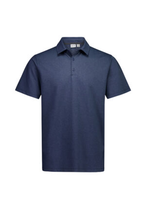 Navy blue polo shirt with short sleeves and a three-button placket on a white background, front view, casual men's apparel