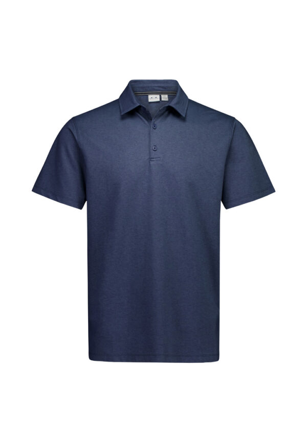 Navy blue polo shirt with short sleeves and a three-button placket on a white background, front view, casual men's apparel