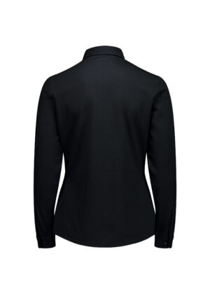 Back view of a fitted black long-sleeve shirt with a curved hem and stand collar on a plain background