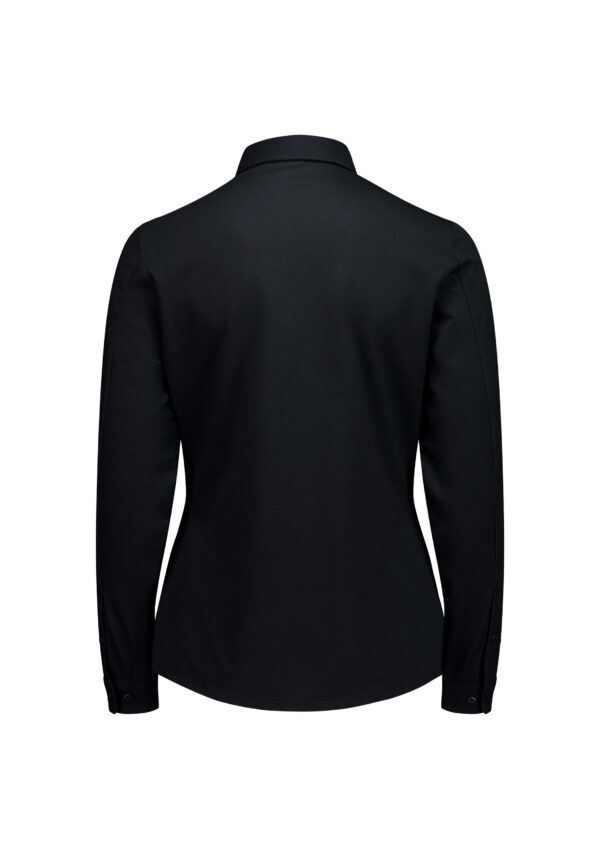 Back view of a fitted black long-sleeve shirt with a curved hem and stand collar on a plain background
