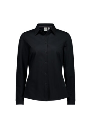 Black long-sleeve button-down shirt on a white background.
