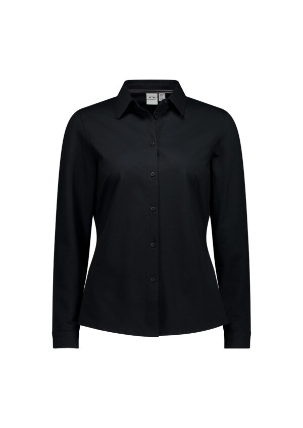 Black long-sleeve button-down shirt on a white background.