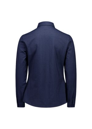 Back view of a navy blue blazer with long sleeves and a standing collar, displayed flat against a white background.