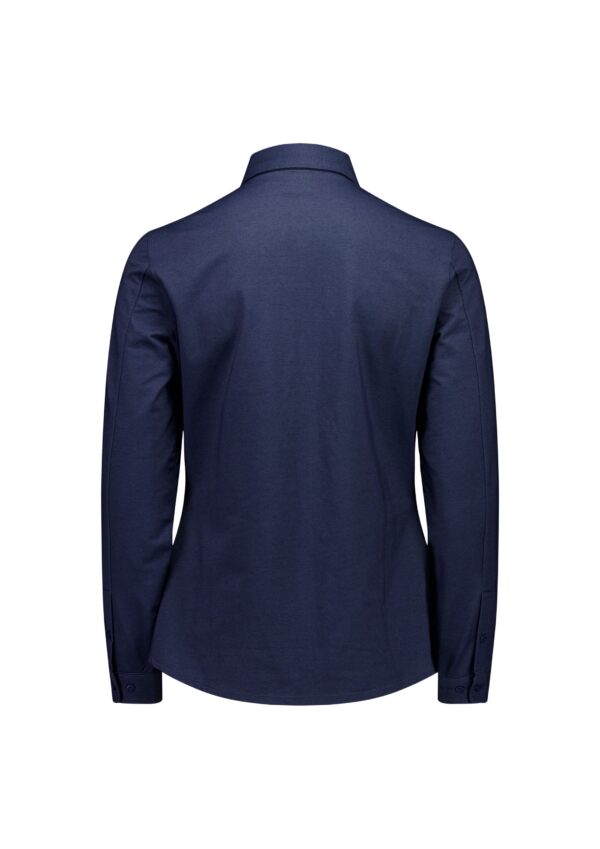 Back view of a navy blue blazer with long sleeves and a standing collar, displayed flat against a white background.
